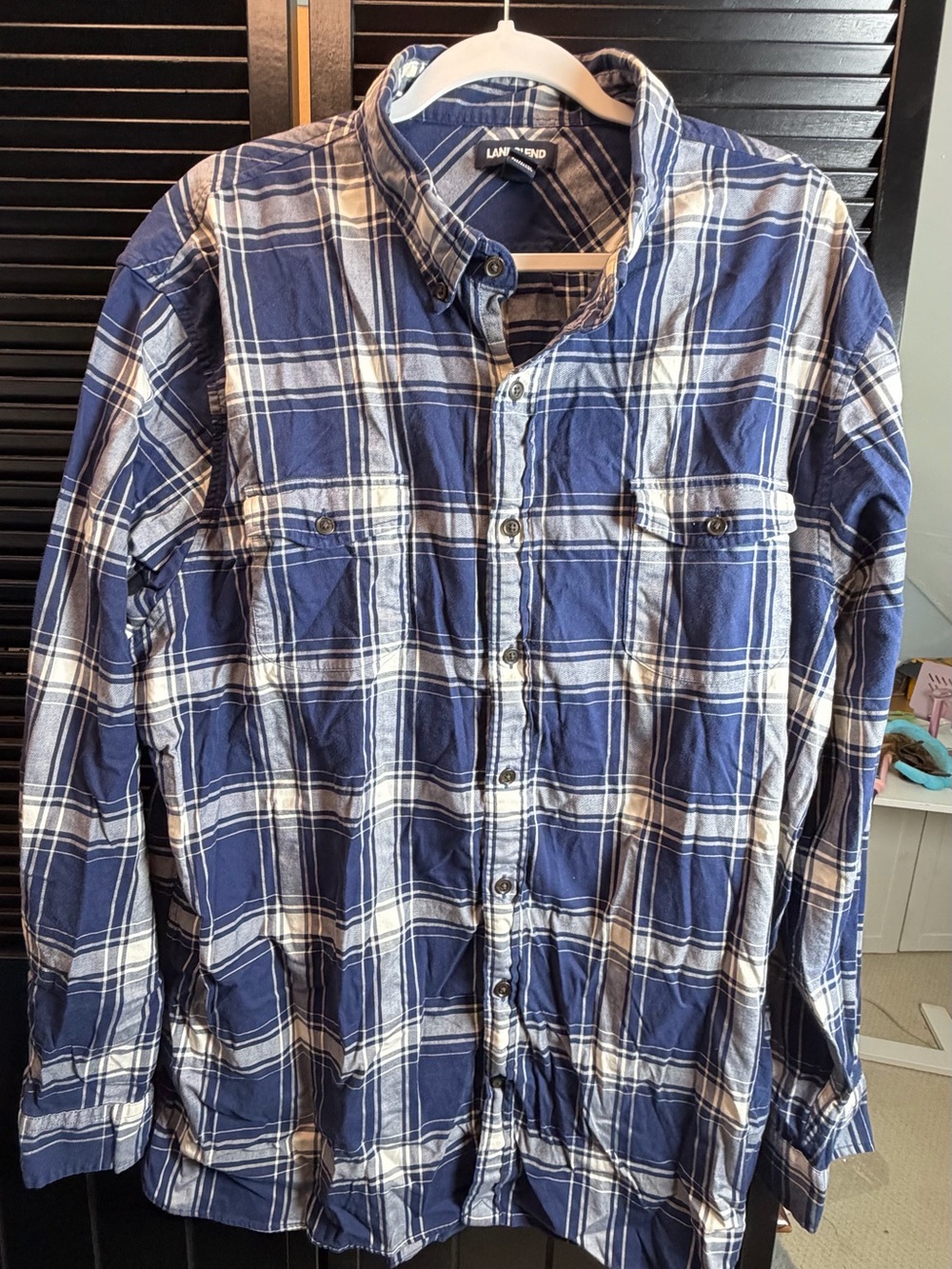 Lands' End Blue and White Plaid Button-Down Shirt